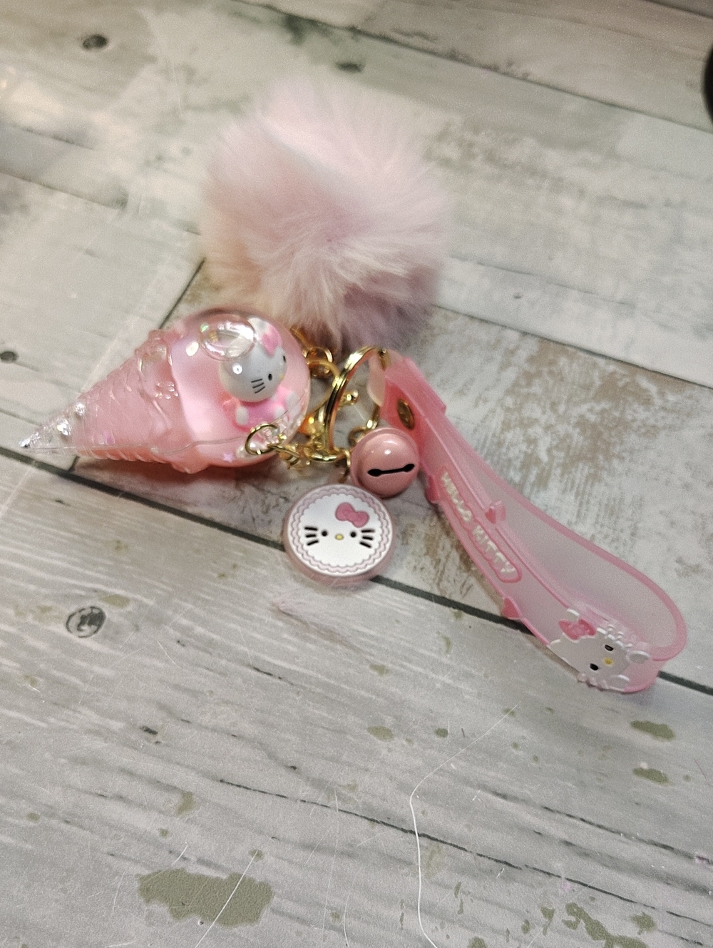 🩷🍦Hello Kitty Ice Cream Cone Floating Keychain w/ Pom Pom And Wristlet 🍦🩷 - Picture 3 of 6